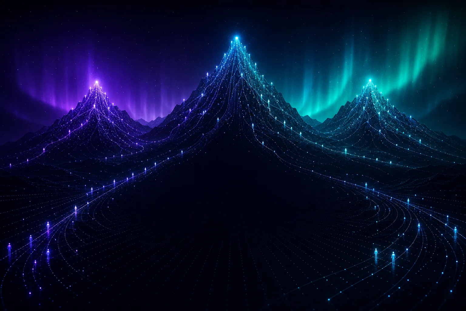 Three luminous digital mountain peaks built from flowing data lines and glowing agent nodes
